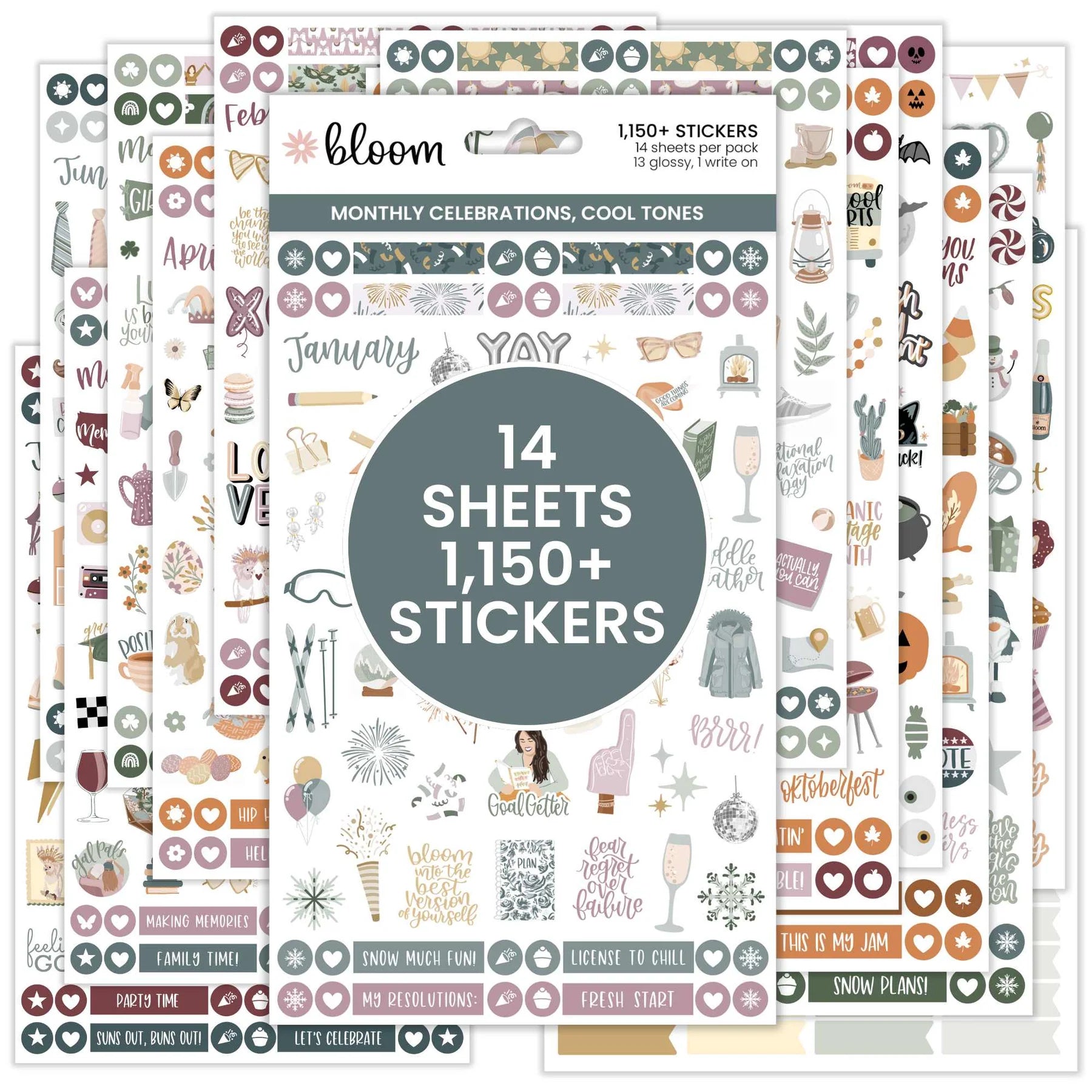 Bloom - Planner Sticker Value Pack, Monthly Celebrations, Cool Tones