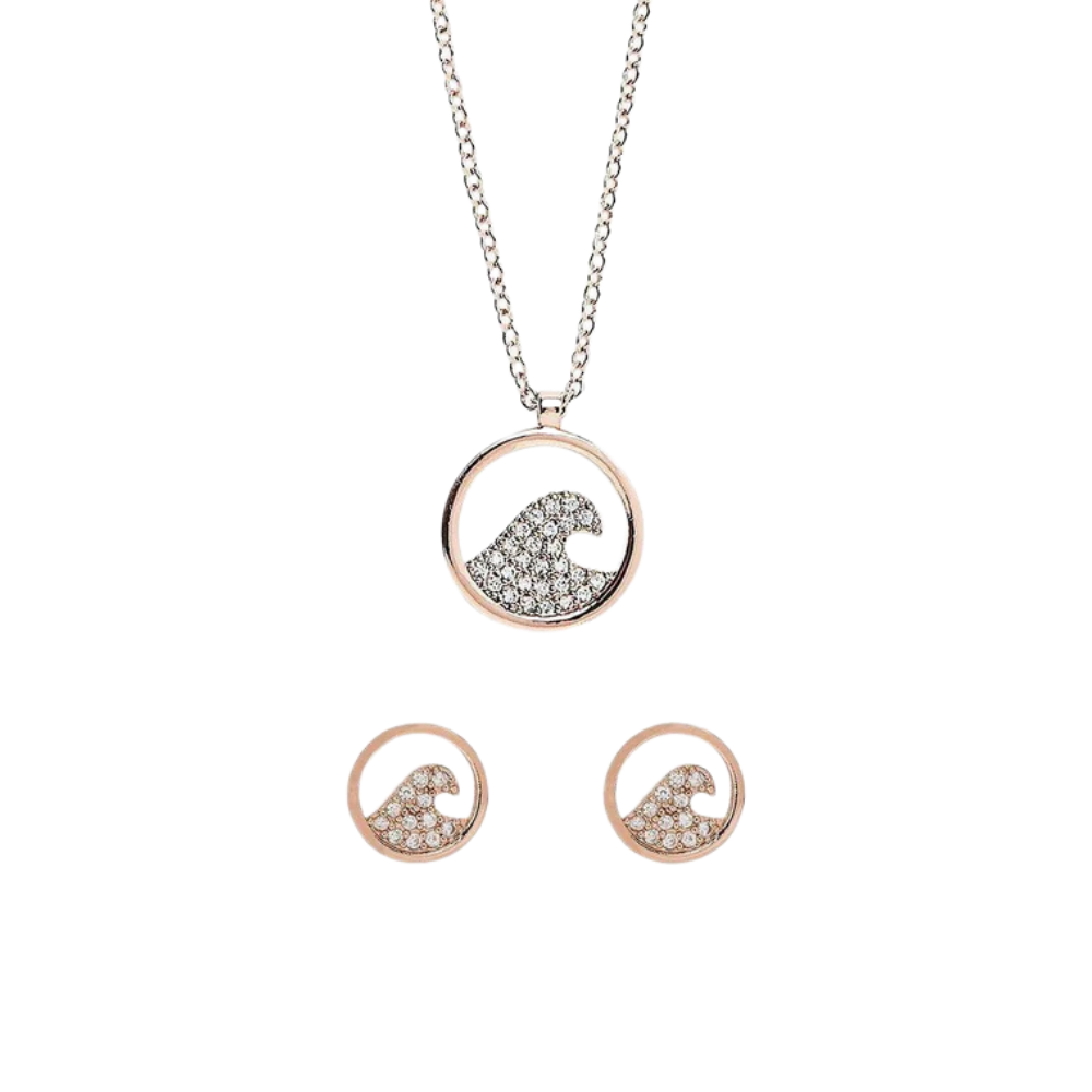 Pura Vida - The Pave Wave Necklace & Earring Set - Rose Gold