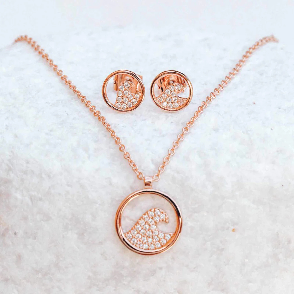 Pura Vida - The Pave Wave Necklace & Earring Set - Rose Gold