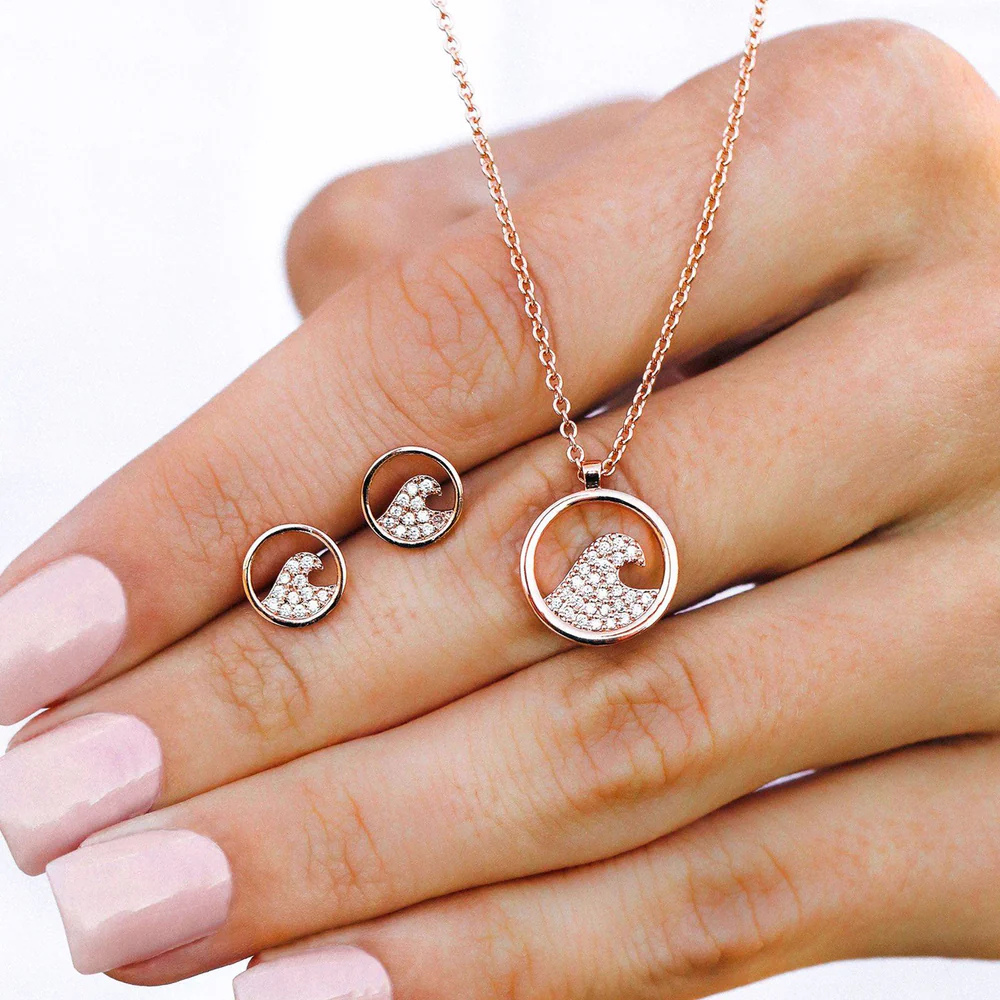 Pura Vida - The Pave Wave Necklace & Earring Set - Rose Gold