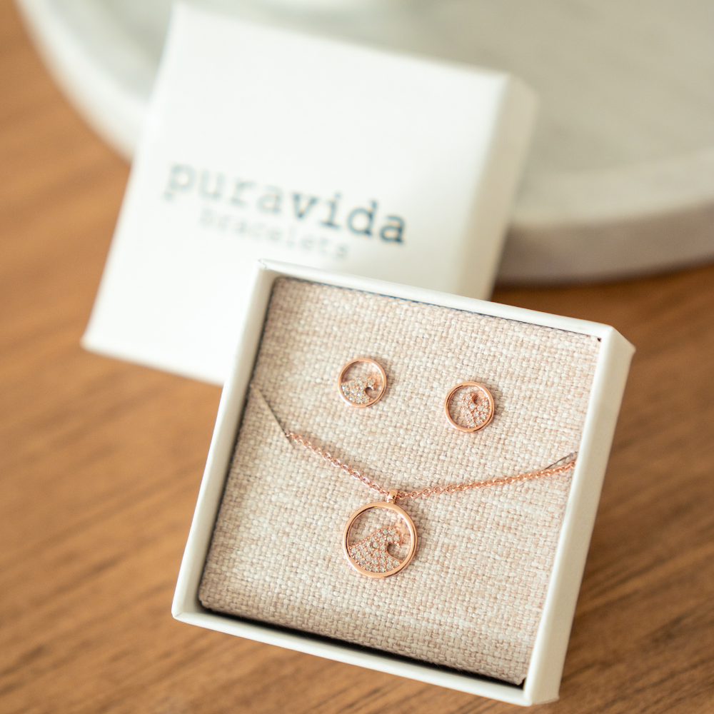 Pura Vida - The Pave Wave Necklace & Earring Set - Rose Gold