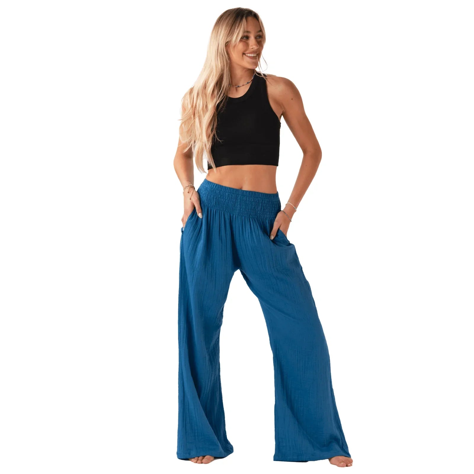 Lotus and Luna - Cobalt Wide Leg Cotton Pants with Pockets (Add-On)