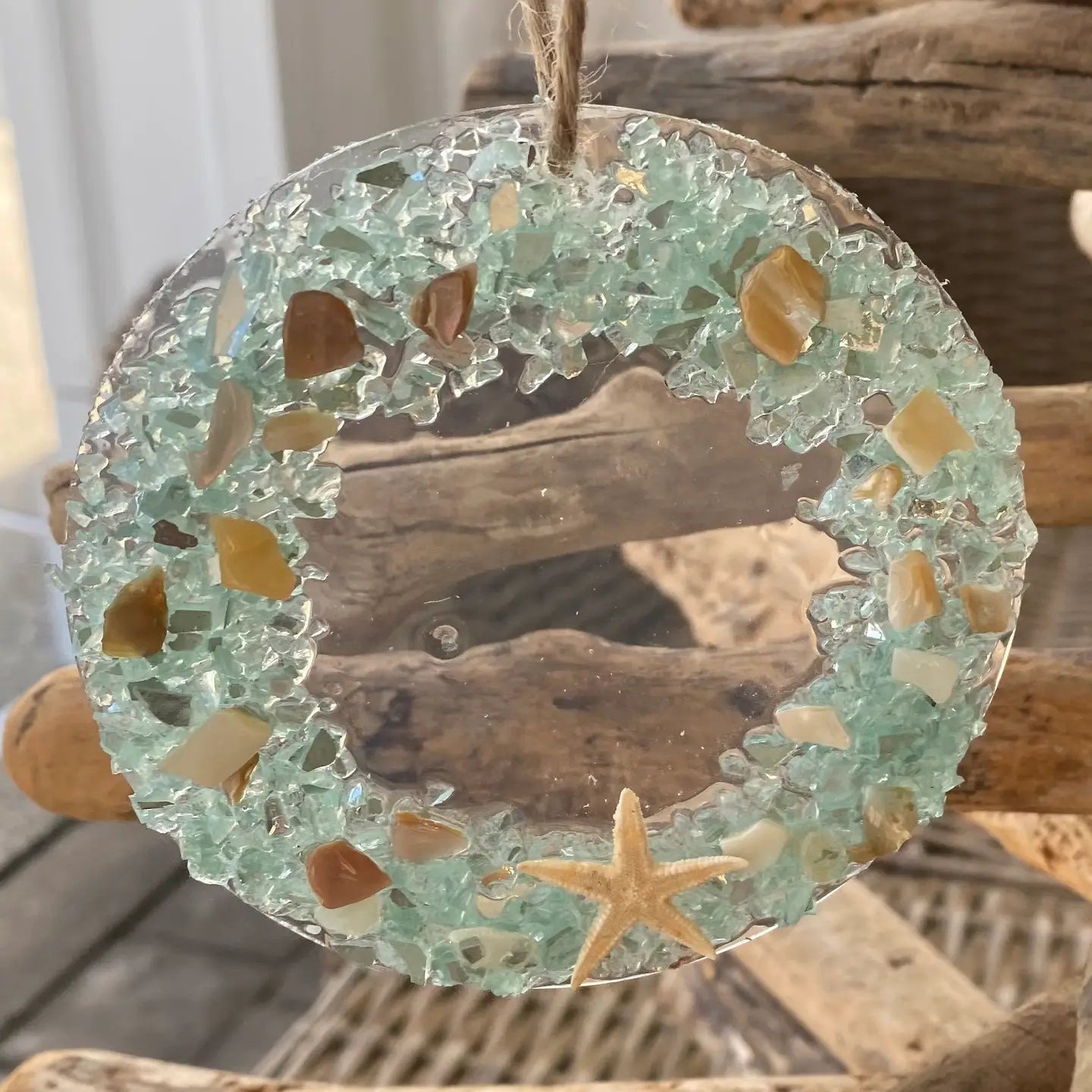 Sea Dreams Coastal Art - Aqua Glass Seashell Wreath Christmas Ornament with Starfish