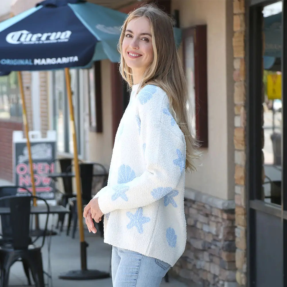 Seashell Starfish Pattern Crew Neck Sweater