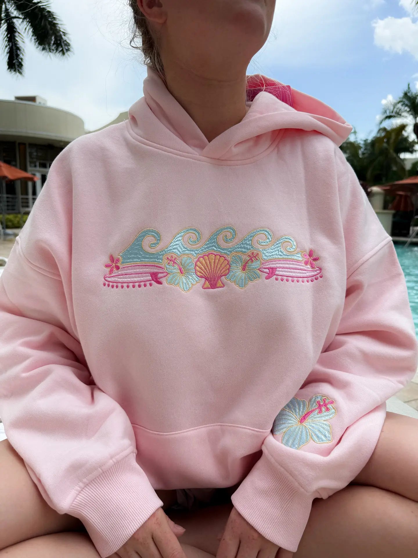 Meet Me At the Beach Sunset Embroidered Hoodie - Light Pink