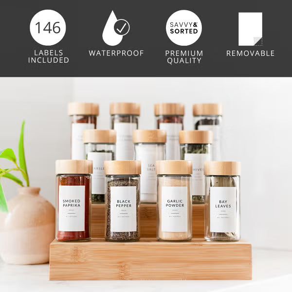 Savvy & Sorted - 146 White Preprinted Minimalist Spice Jar Labels