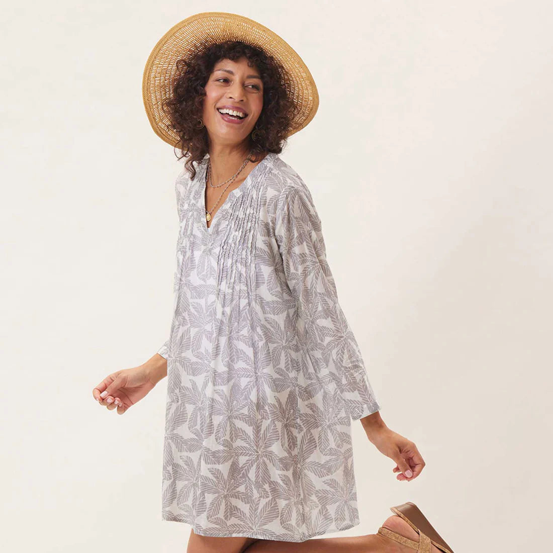 RockFlowerPaper - Palm Leaves Grey Blu Cotton Pintuck Beach Cover Up