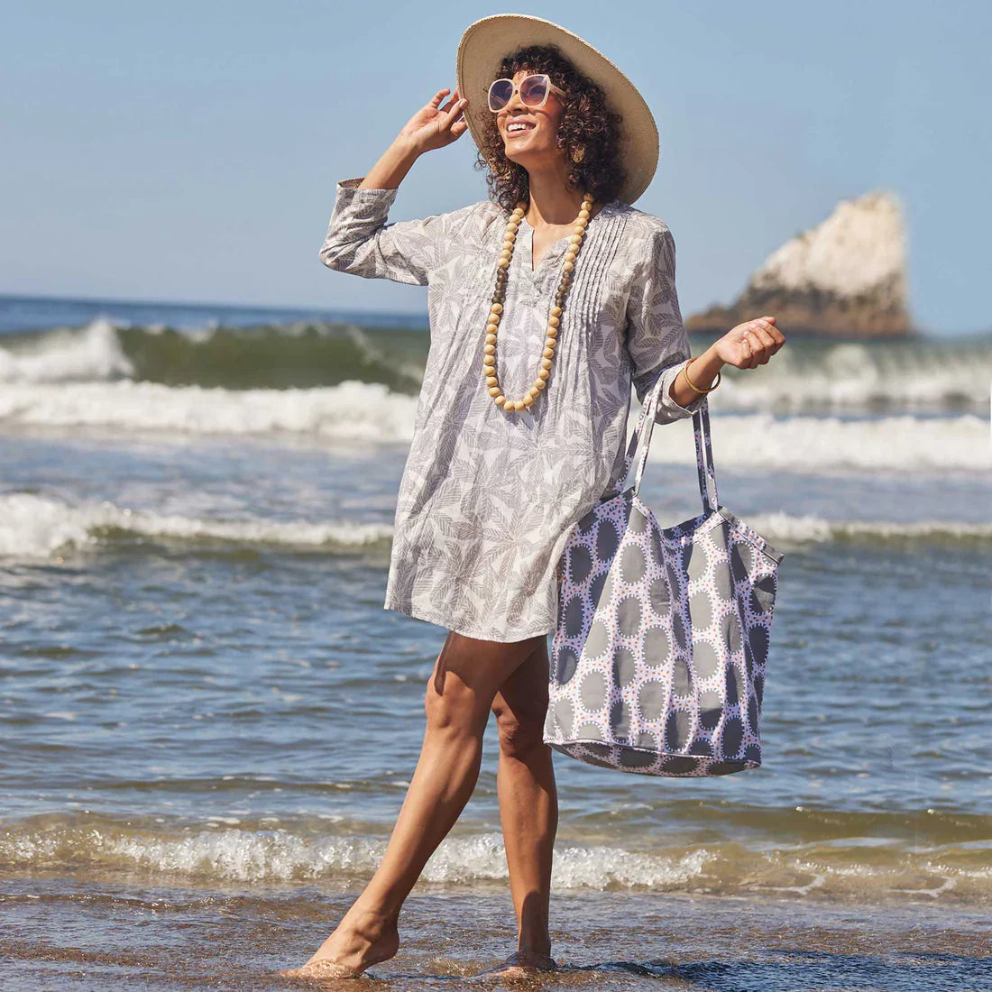 RockFlowerPaper - Palm Leaves Grey Blu Cotton Pintuck Beach Cover Up