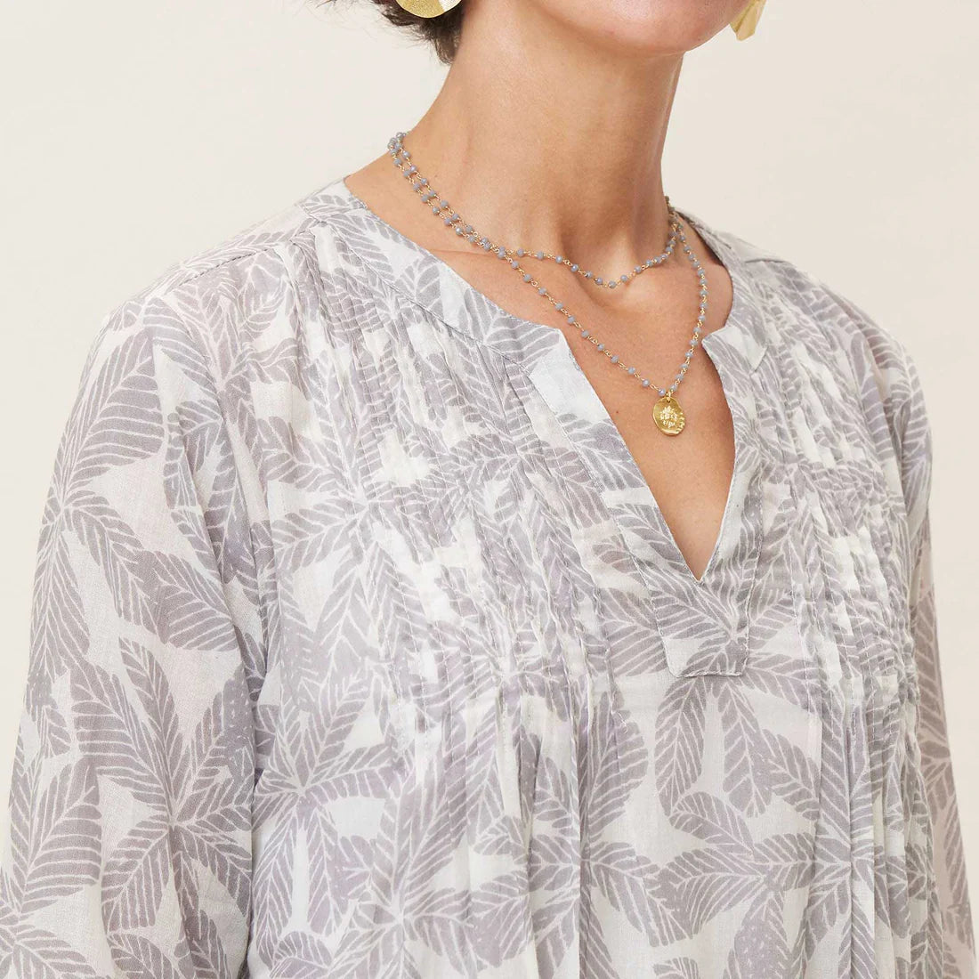 RockFlowerPaper - Palm Leaves Grey Blu Cotton Pintuck Beach Cover Up