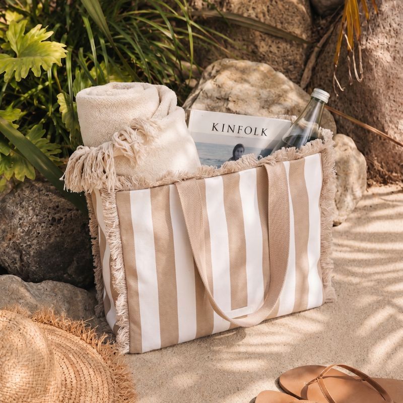 Caribbean Joe - The Frayed Striped Canvas Tote - Natural Combo
