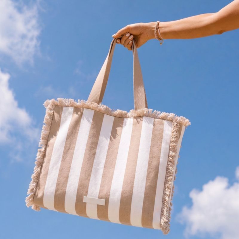 Caribbean Joe - The Frayed Striped Canvas Tote - Natural Combo