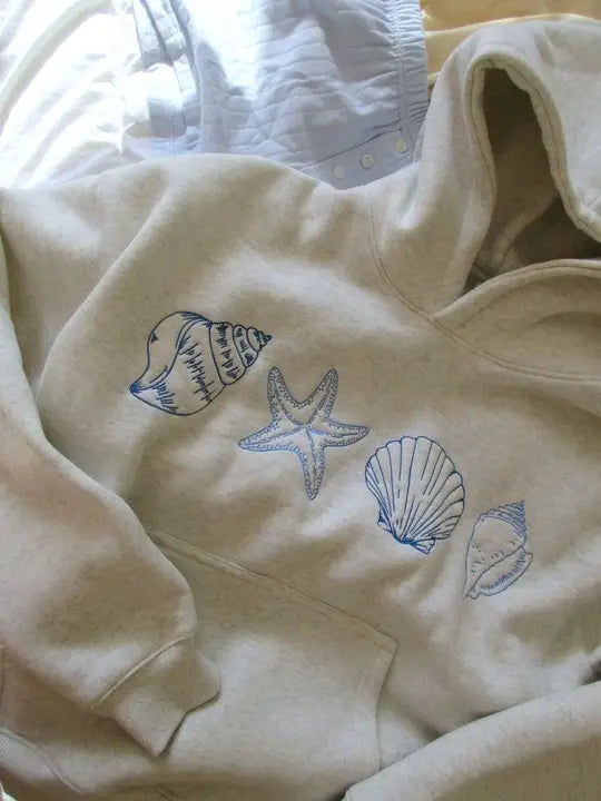 Ocean Seashell Embroidery Hoodie - Grey
