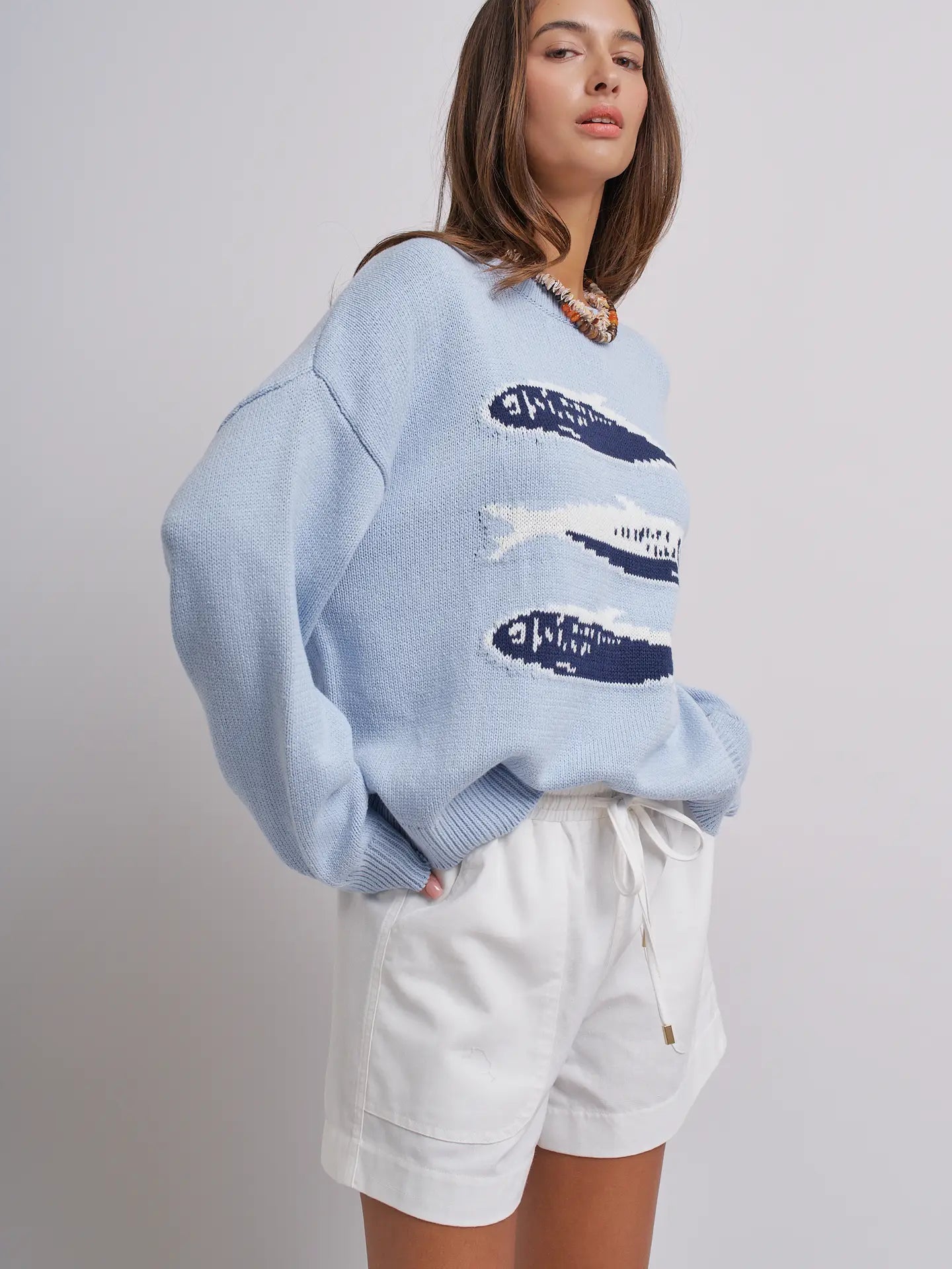 Seaside Sardine Oversized Summer Knit Sweater - Blue