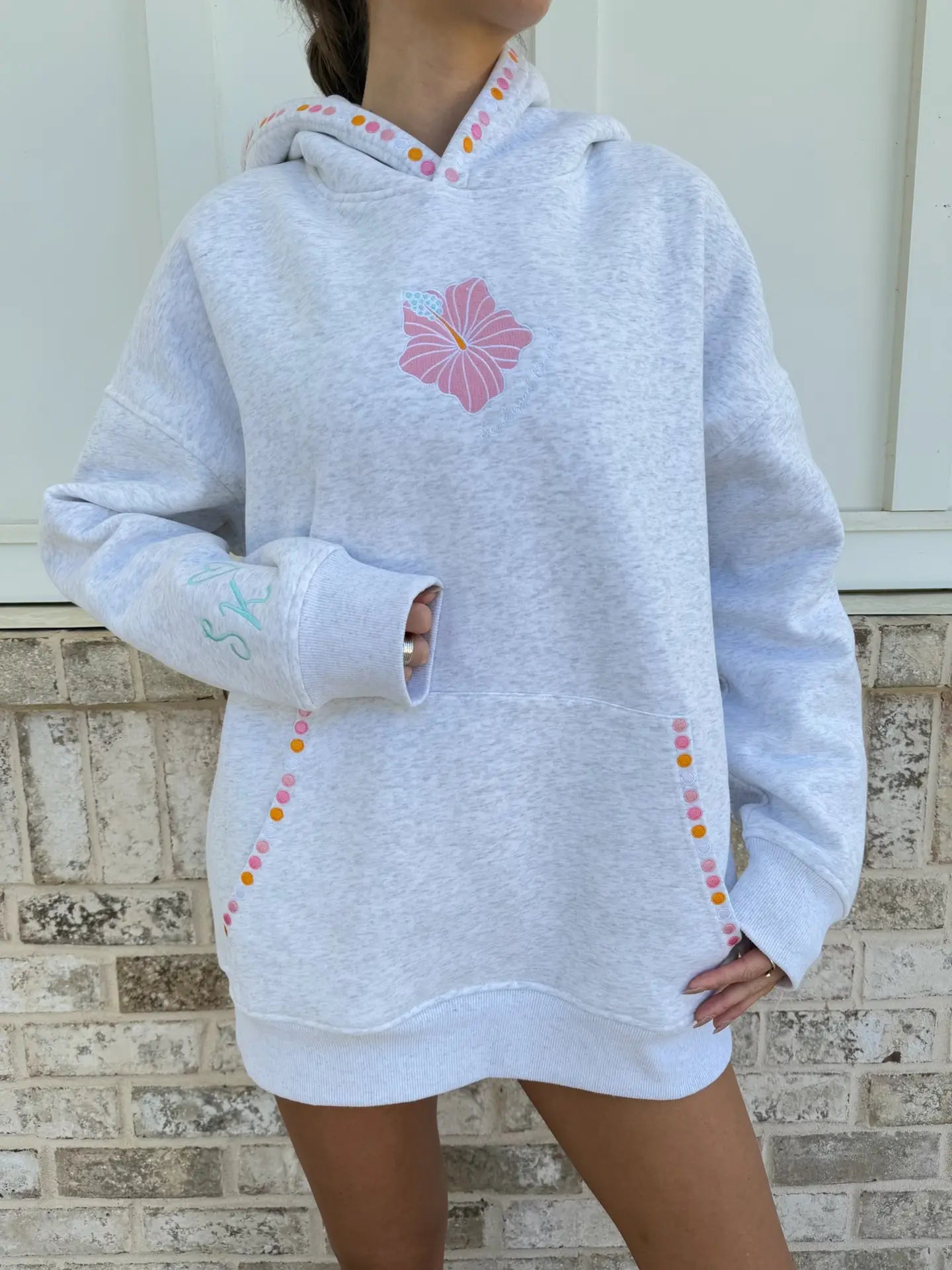 Golden Coast Bloom Embroidered Hoodie - Pearl Grey