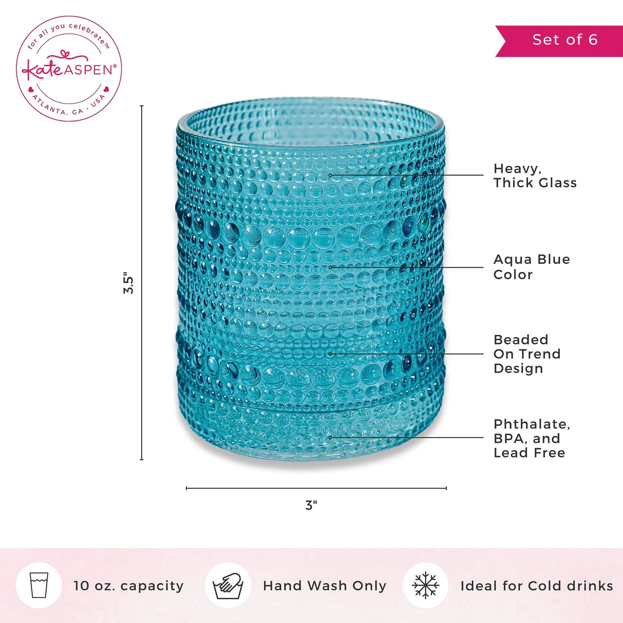 Kate Aspen - Beaded Glass- Set of 6 – Aqua Blue (Add-On)