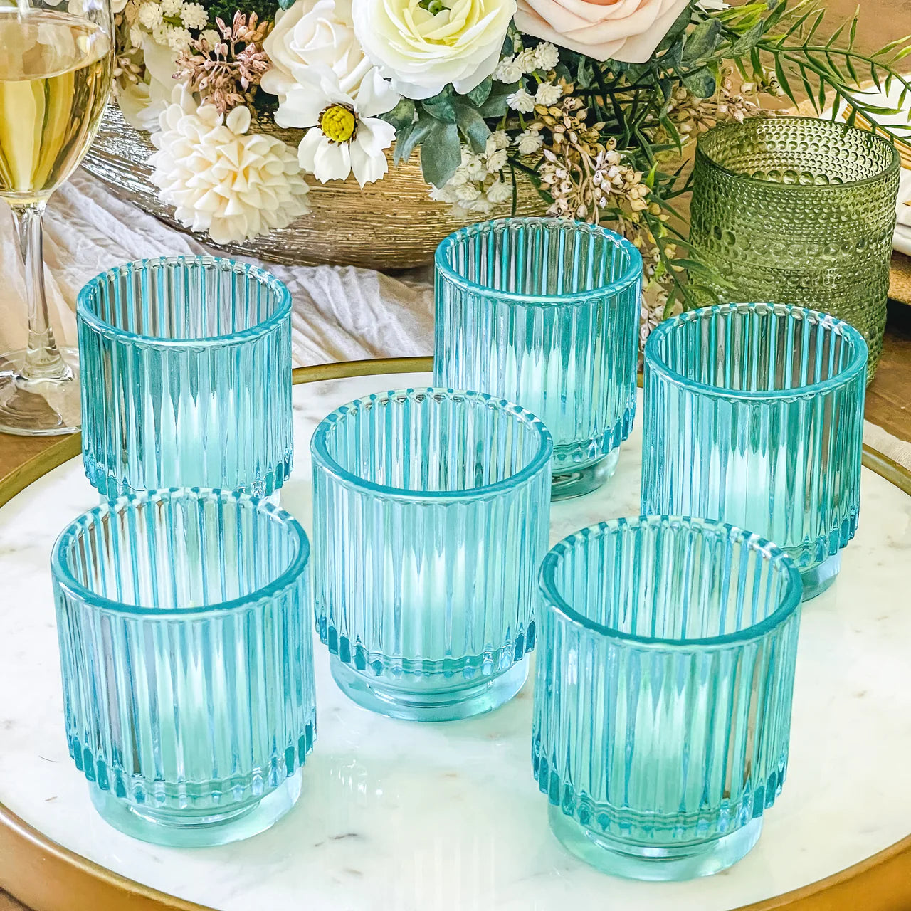 Kate Aspen - Ribbed Blue Glass Votive Candle Holder (Set of 6) (Add-On)