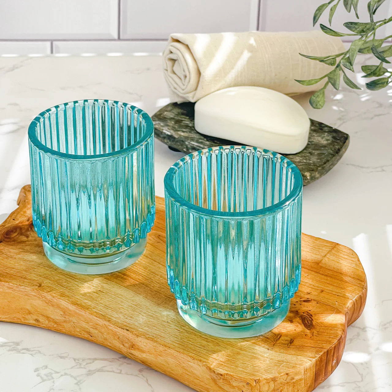 Kate Aspen - Ribbed Blue Glass Votive Candle Holder (Set of 6) (Add-On)