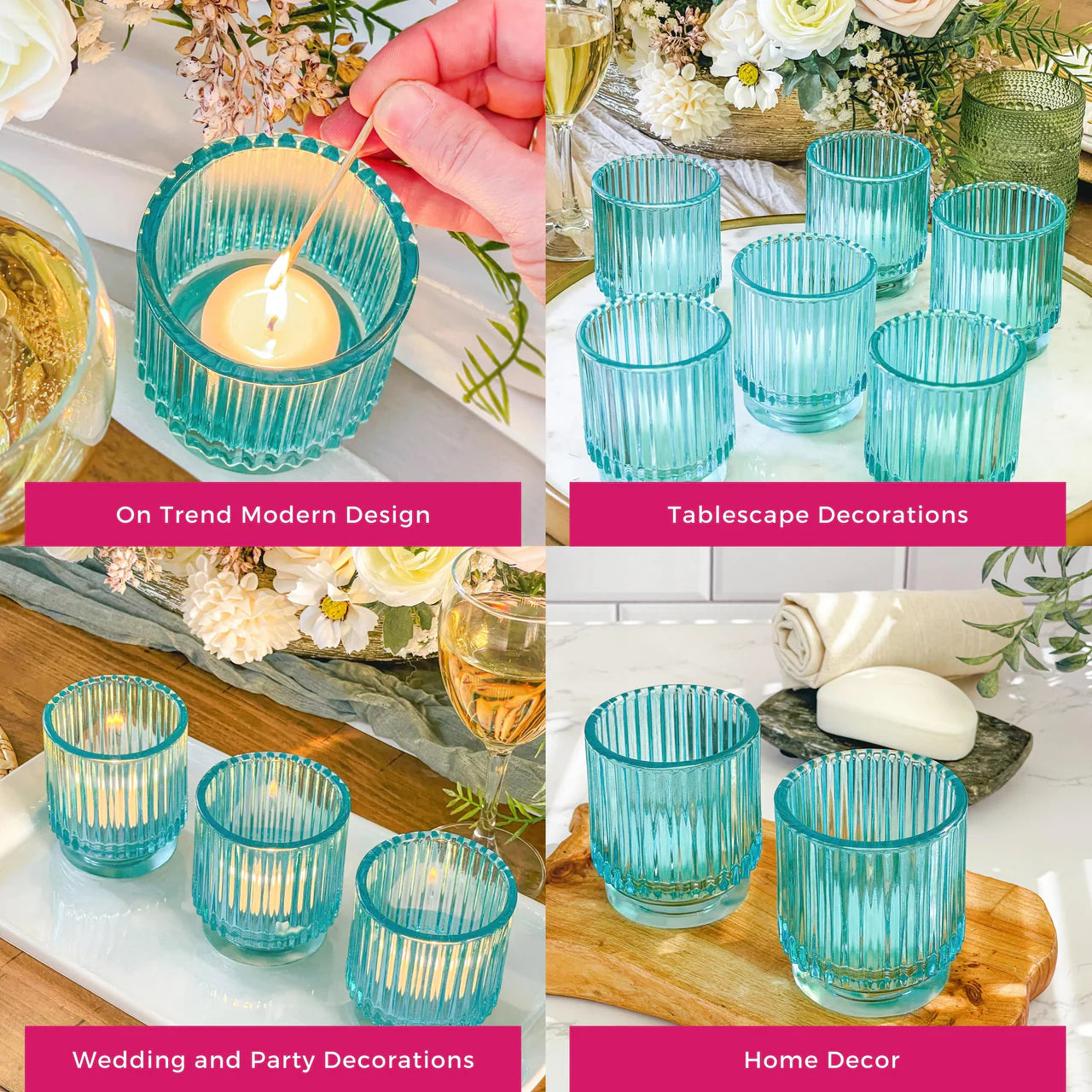 Kate Aspen - Ribbed Blue Glass Votive Candle Holder (Set of 6) (Add-On)