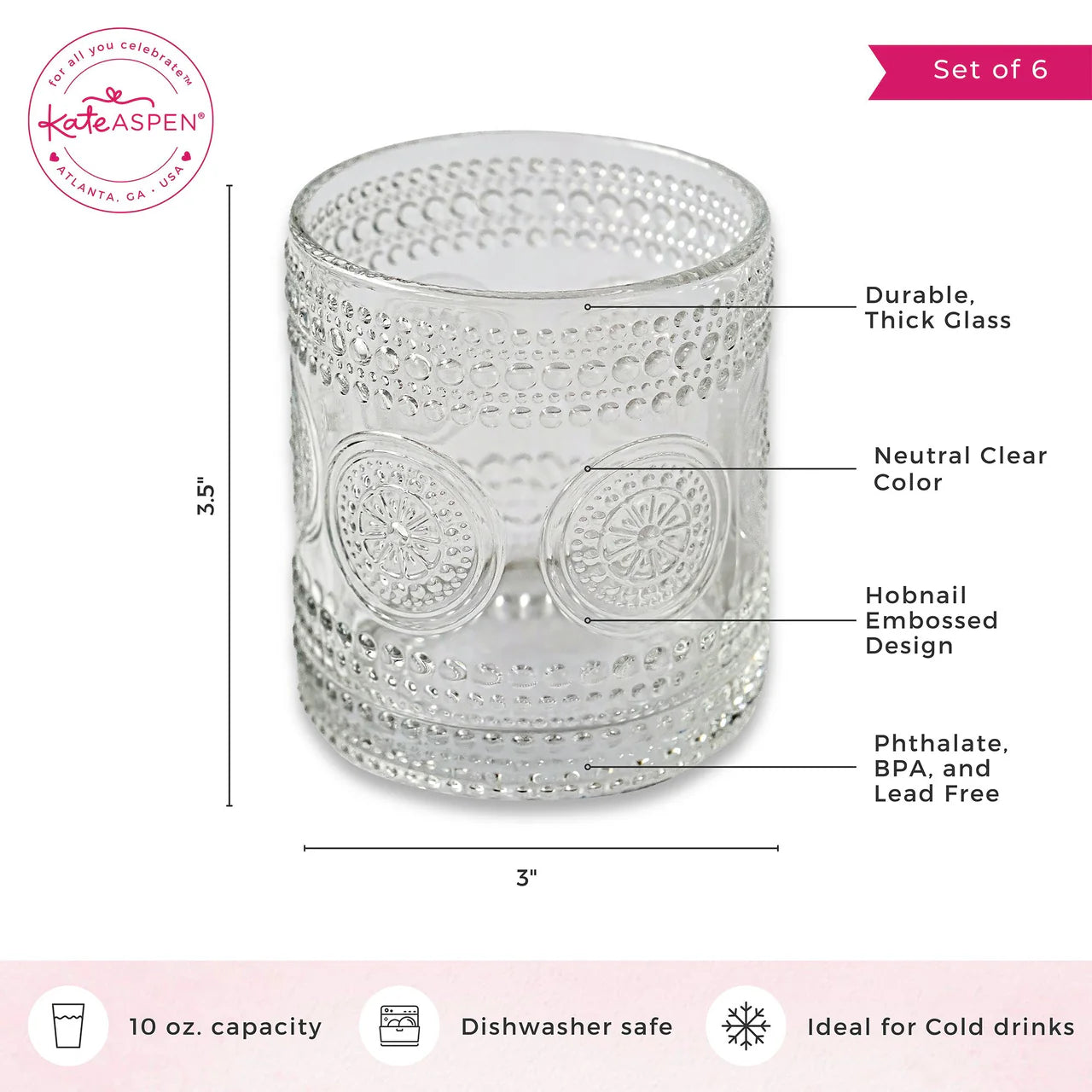 Kate Aspen - 10 oz Hobnail Beaded Floral Vintage Drinkware - Set of 6 (Add-On)