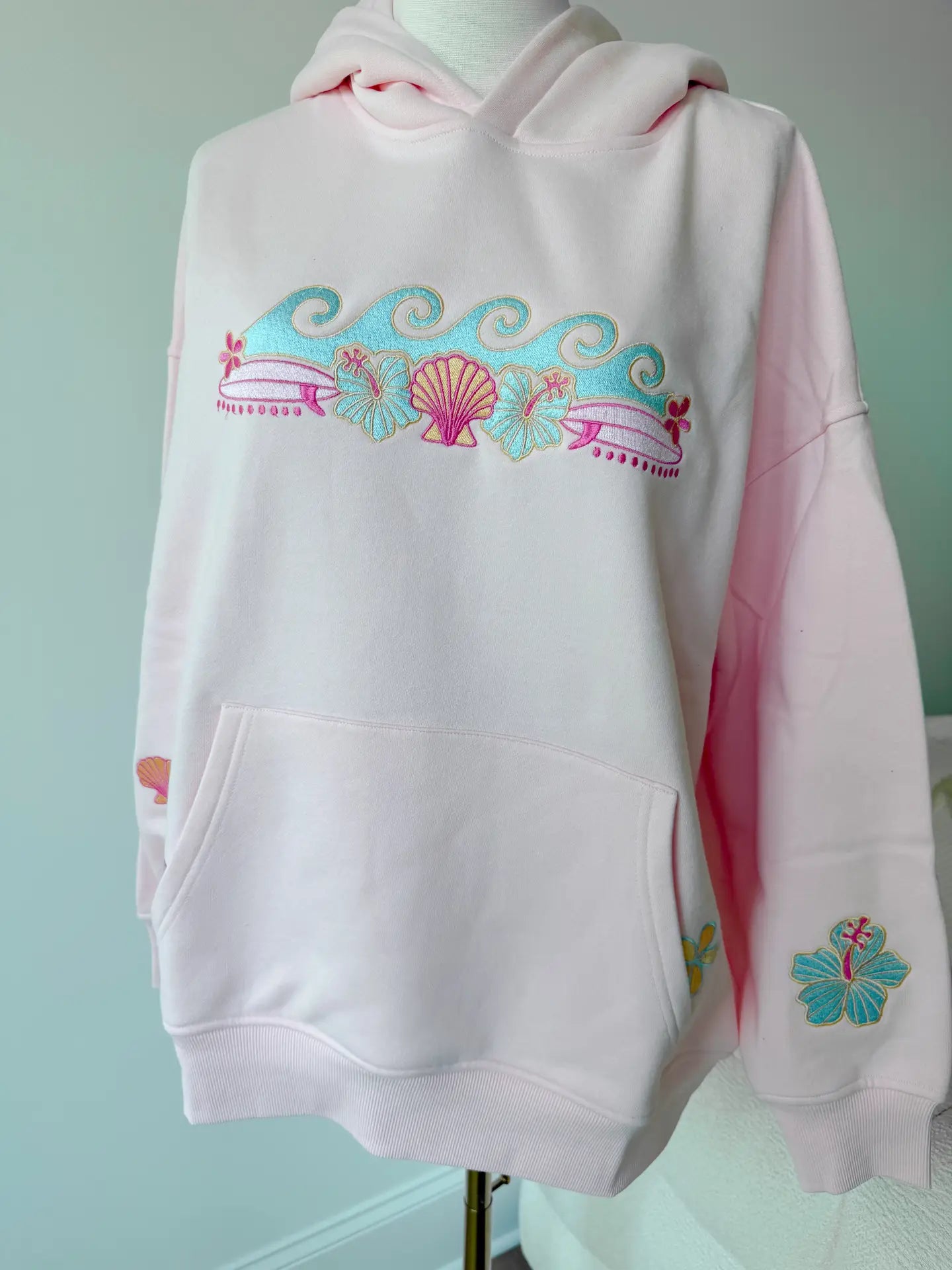 Meet Me At the Beach Sunset Embroidered Hoodie - Light Pink