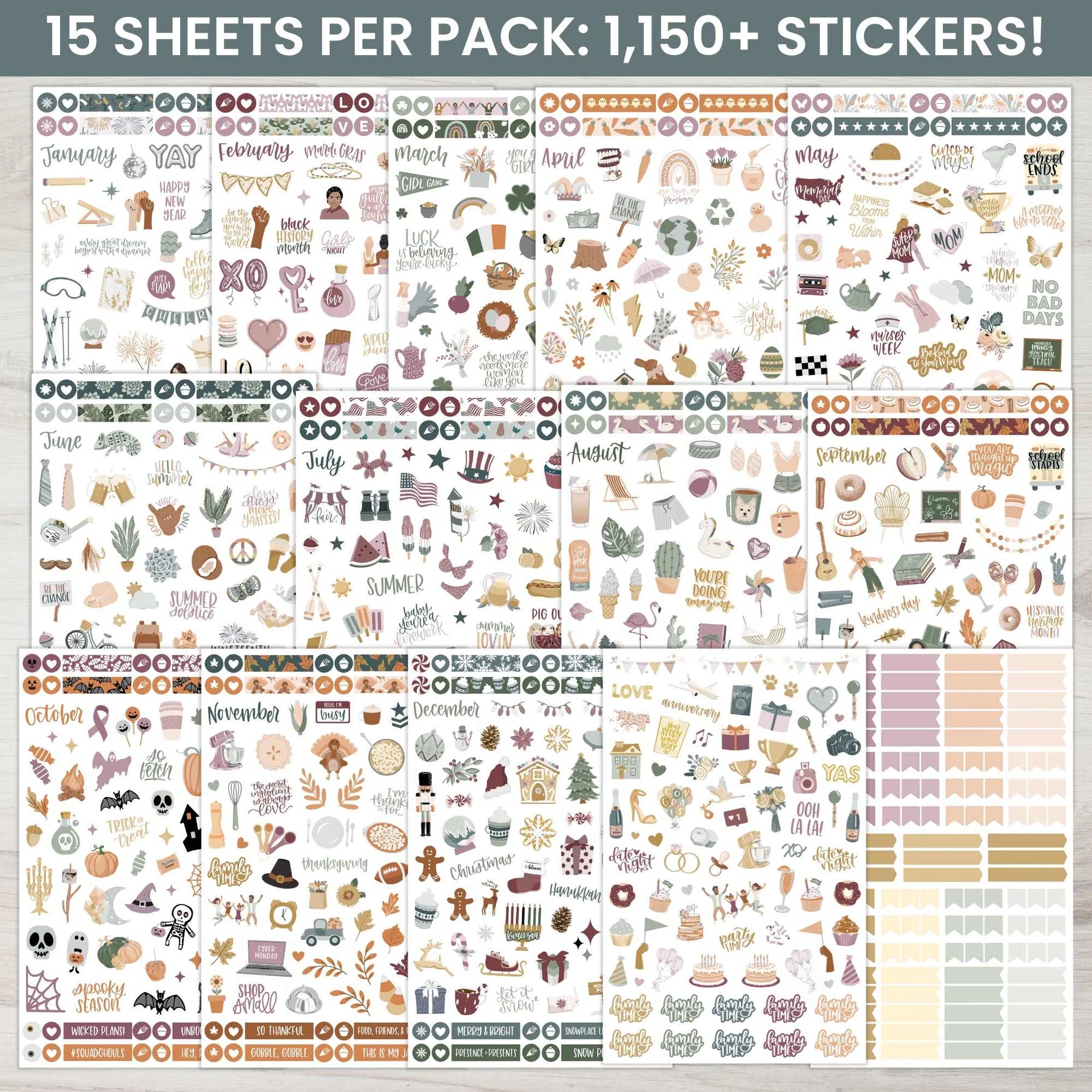 Bloom - Planner Sticker Value Pack, Monthly Celebrations, Cool Tones