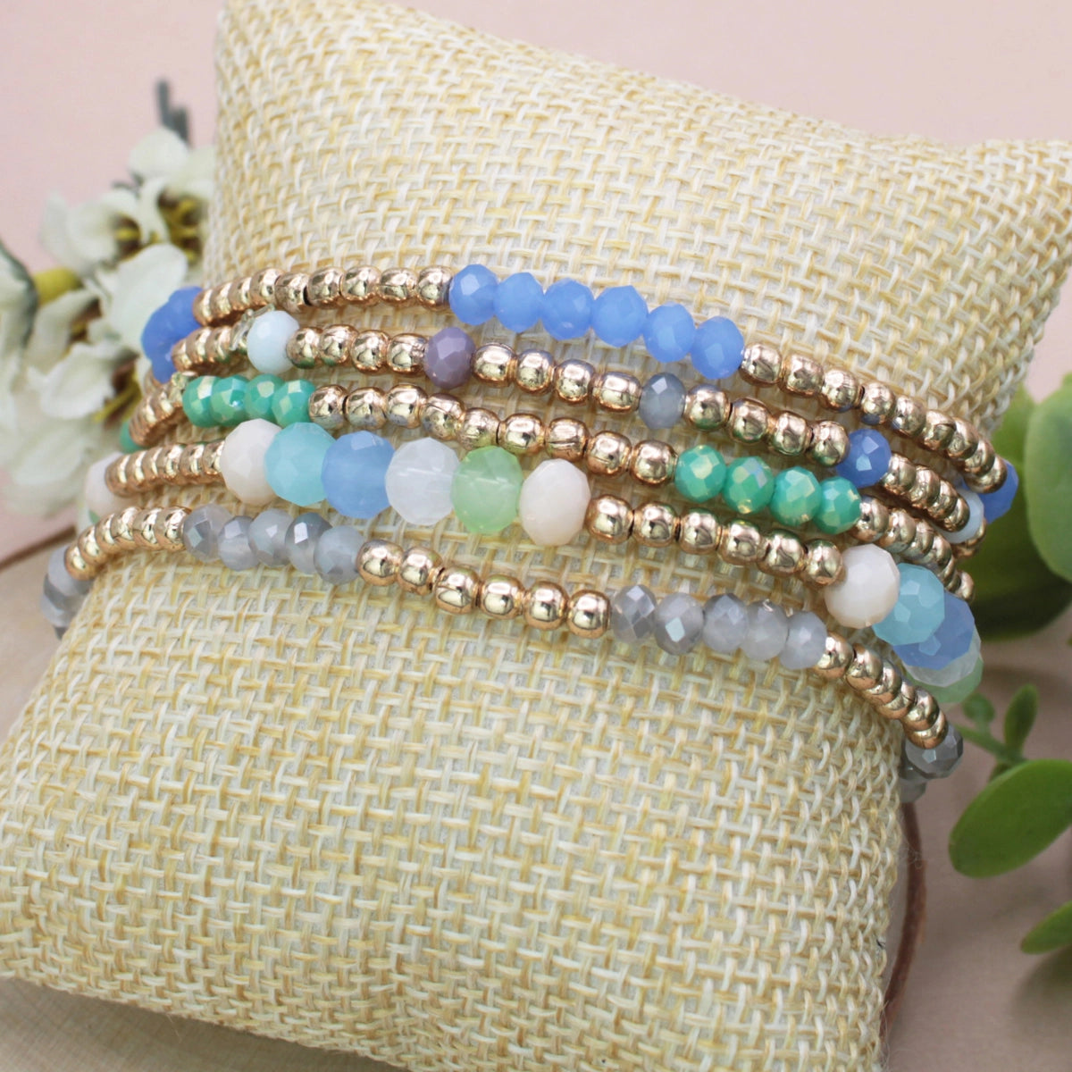 Zad - Ocean Hues Bead Gold Bracelet Set