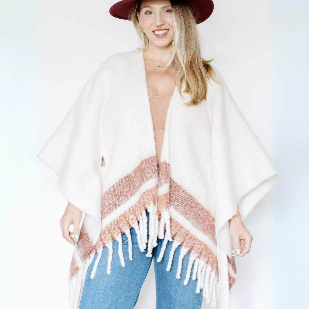 Gyal Bashy - Striped Belted Ruana With Fringe - Neutral (Add-On)