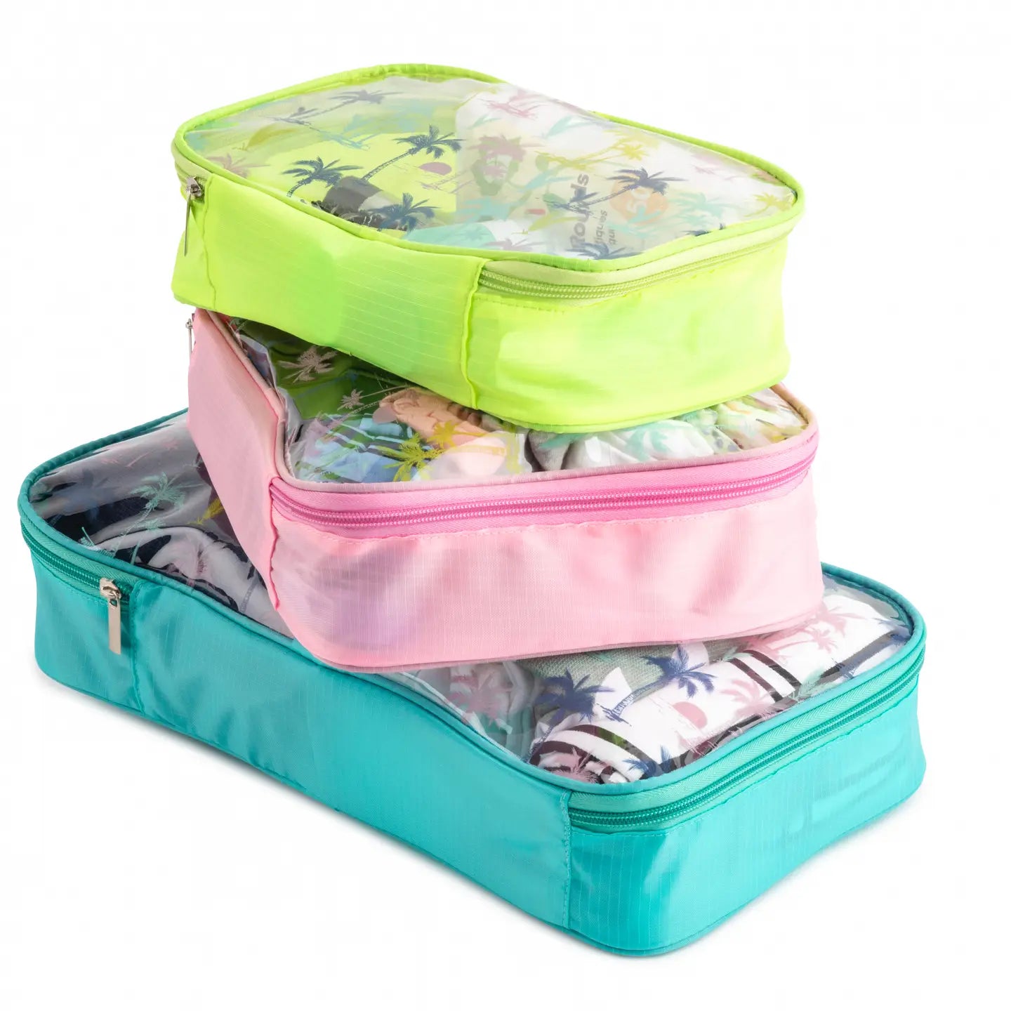Set of 3 Clear Printed Travel Pouches - Colored Palm Trees