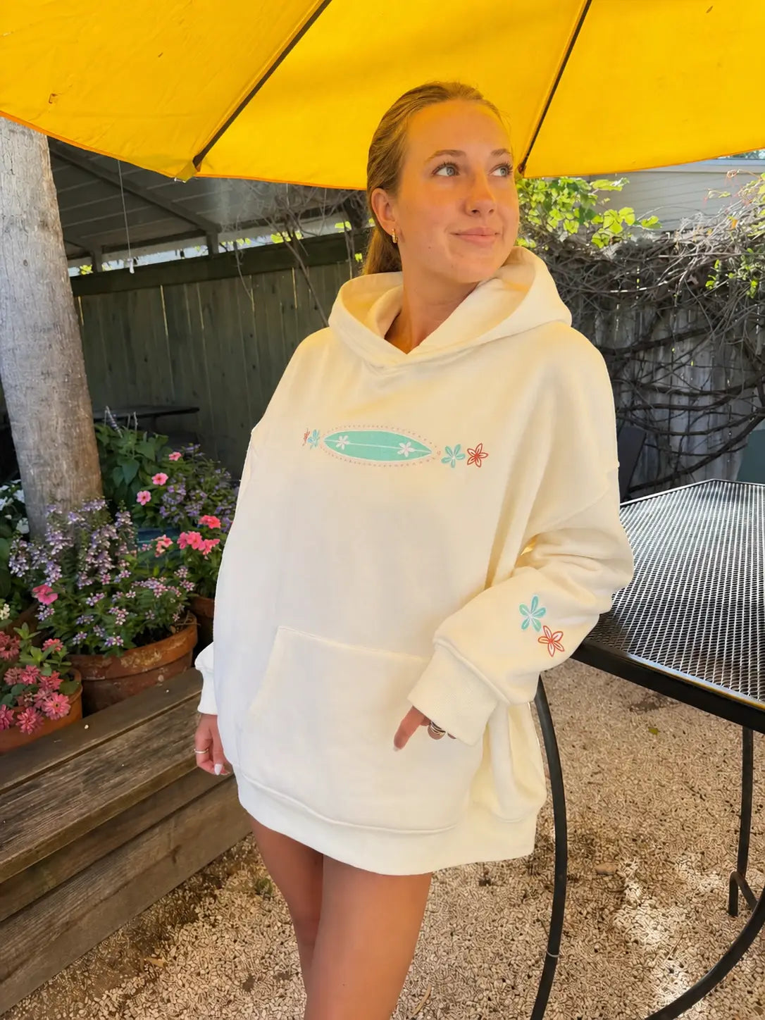 Detailed Surfboard Embroidered Hoodie -  Seashell Ivory