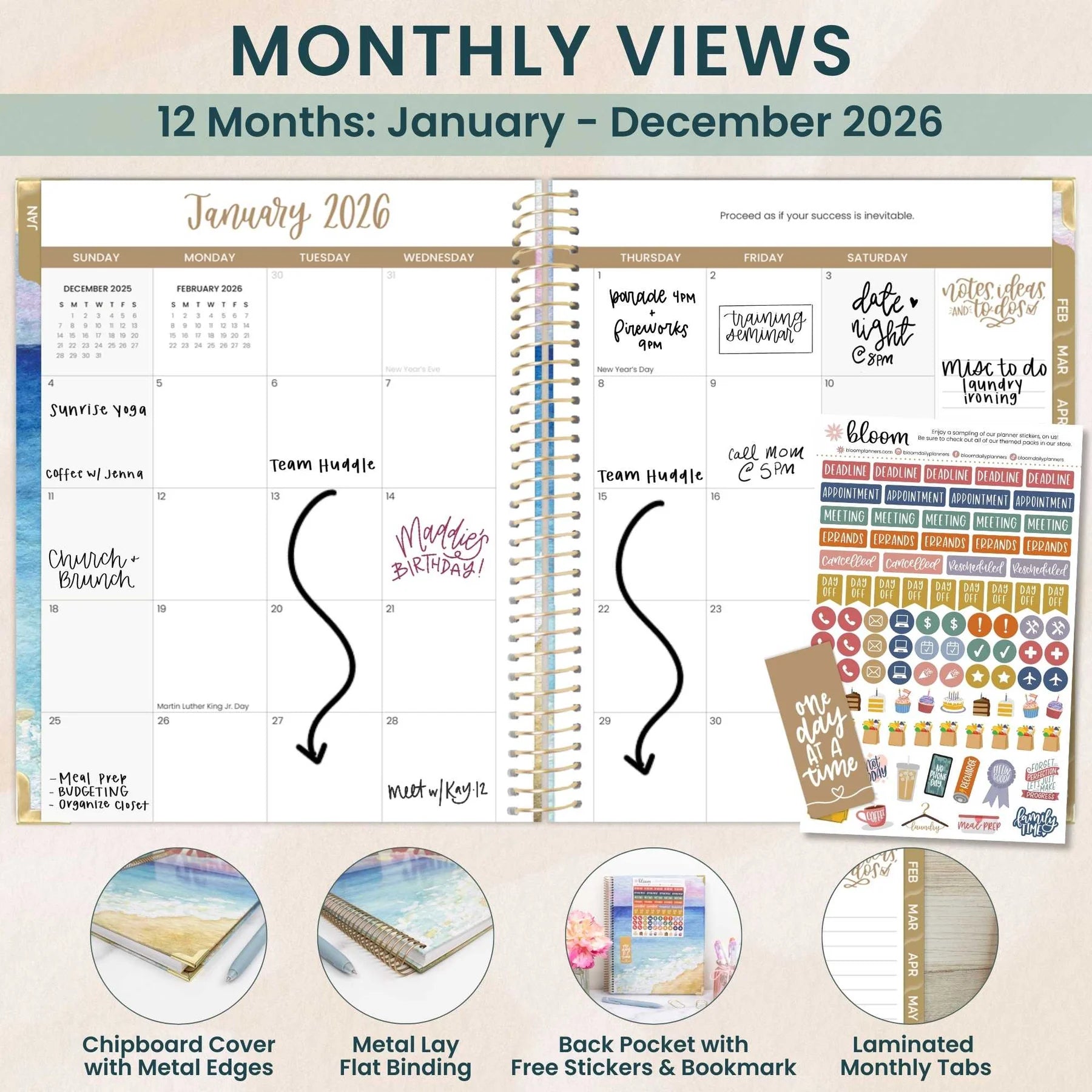 Bloom - 2026 Hard Cover Planner, 8.5" x 11", Coastal Calm