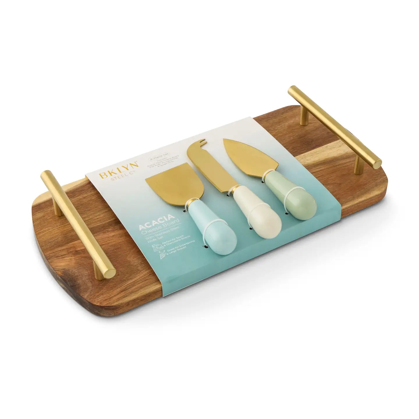Acacia/Ceramic Cheese Set - Blue/Green