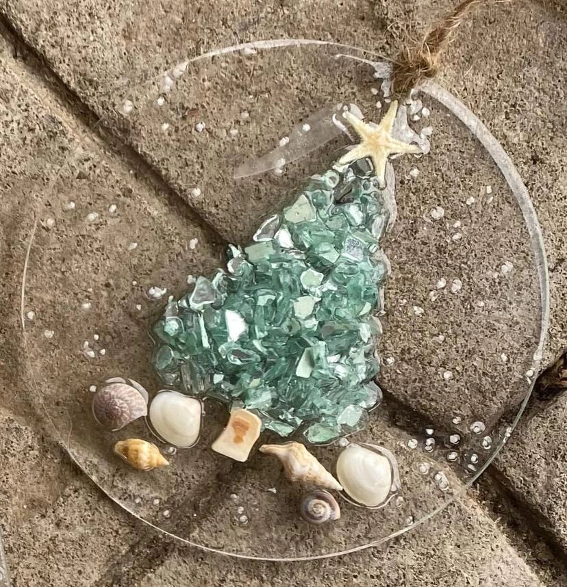 Sea Dreams Coastal Art - Coastal Christmas Ornament- Aqua Christmas Tree w/ shells
