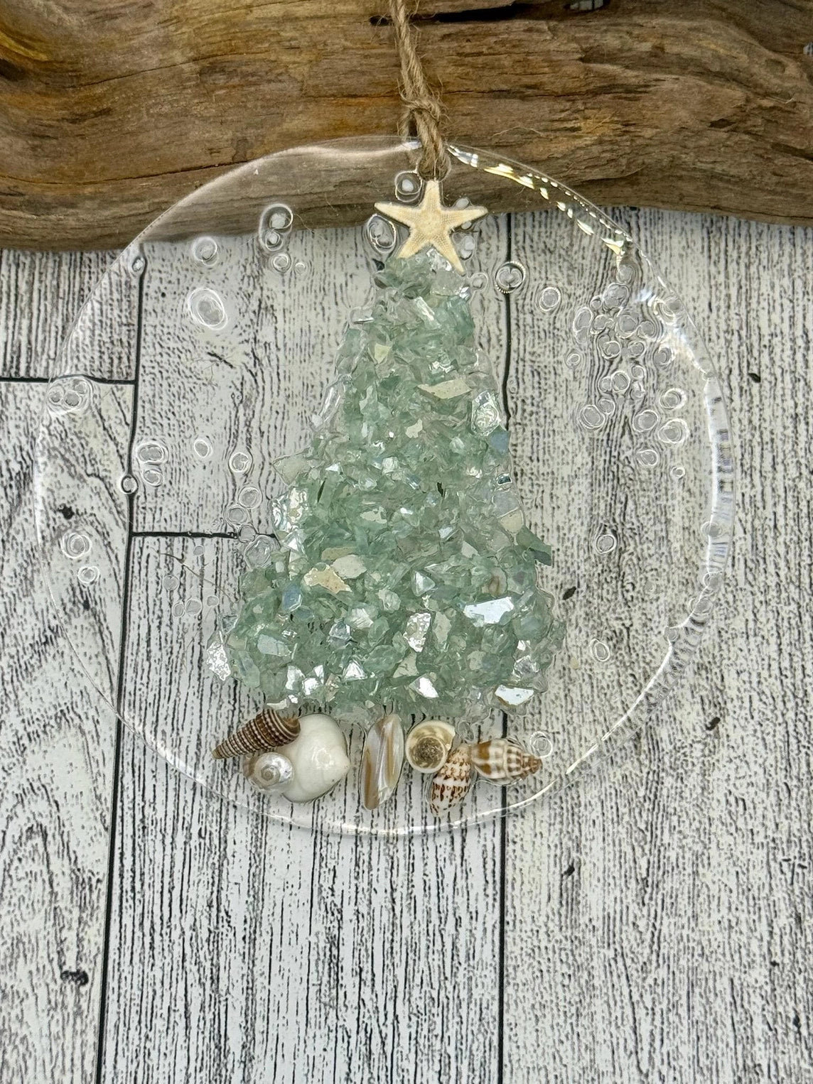 Sea Dreams Coastal Art - Coastal Christmas Ornament- Aqua Christmas Tree w/ shells