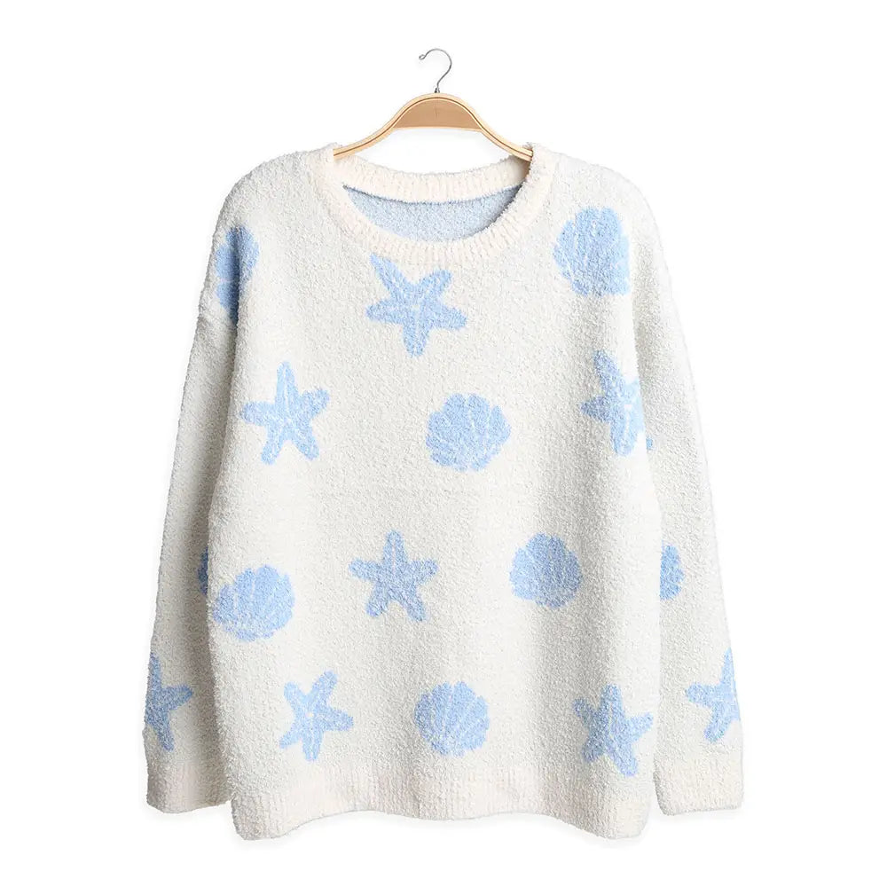 Seashell Starfish Pattern Crew Neck Sweater