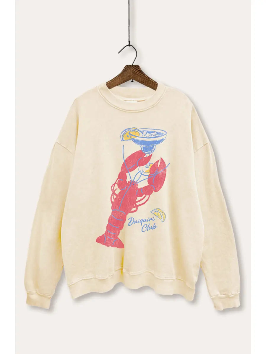 Vintage Sweatshirt Lobster Cocktail Coastal Graphic - Washed Cream
