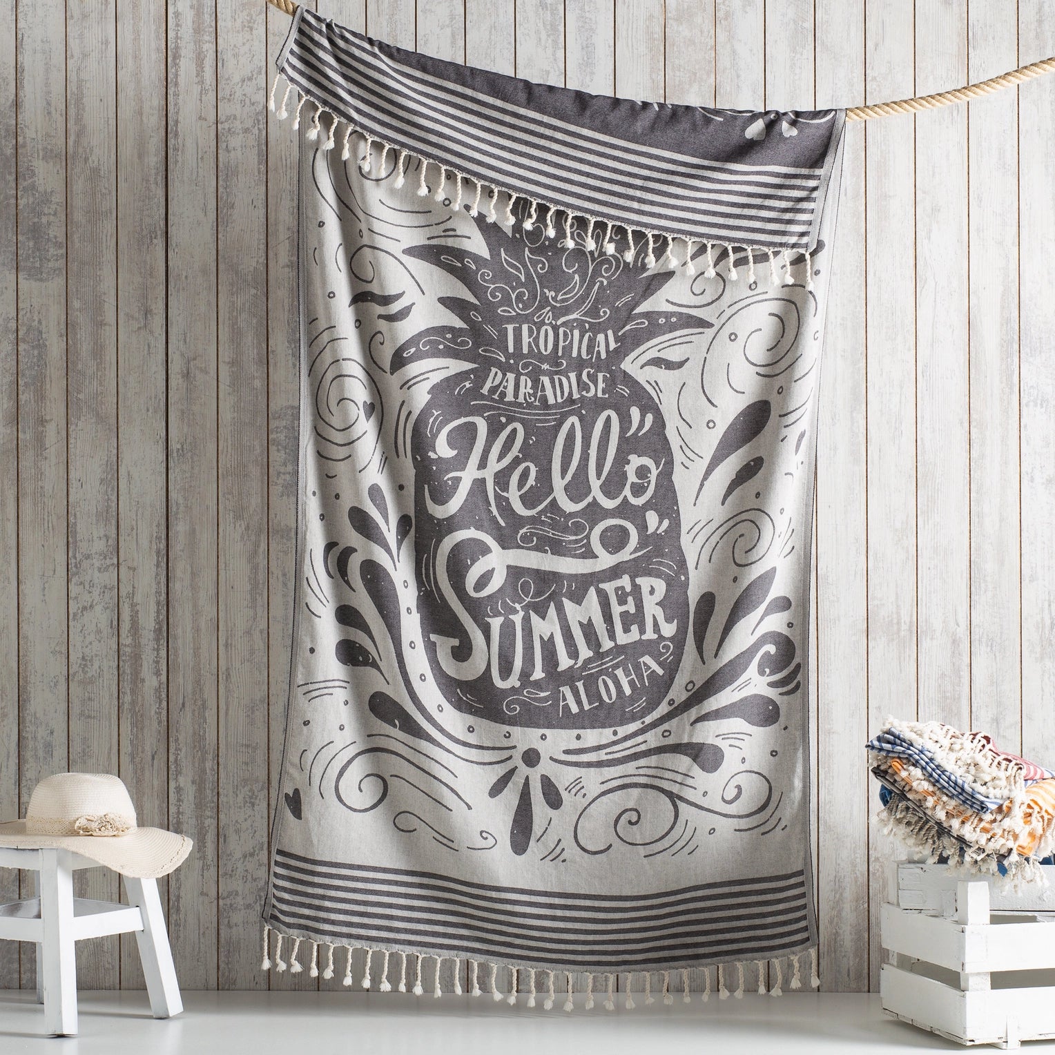 Kikoya - Hello Summer Turkish Cotton Beach Towels 35x70 in Pool Fouta - Black (Add-On)