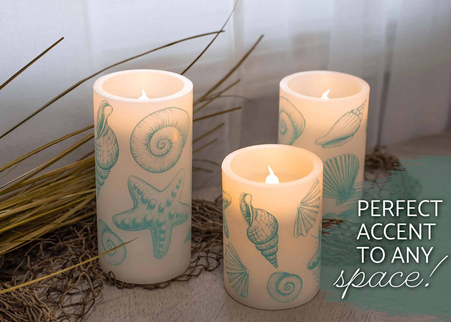 Seashells Nautical Blue 6 Inch Flameless Candles Set of 3