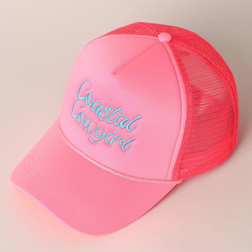 Coastal Cowgirl Embroidered Mesh Back Baseball Cap - Neon Pink