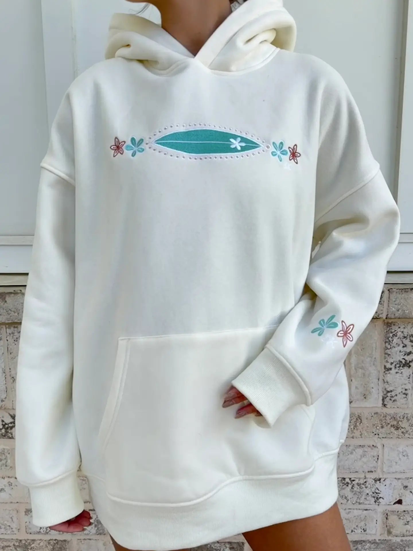 Detailed Surfboard Embroidered Hoodie -  Seashell Ivory