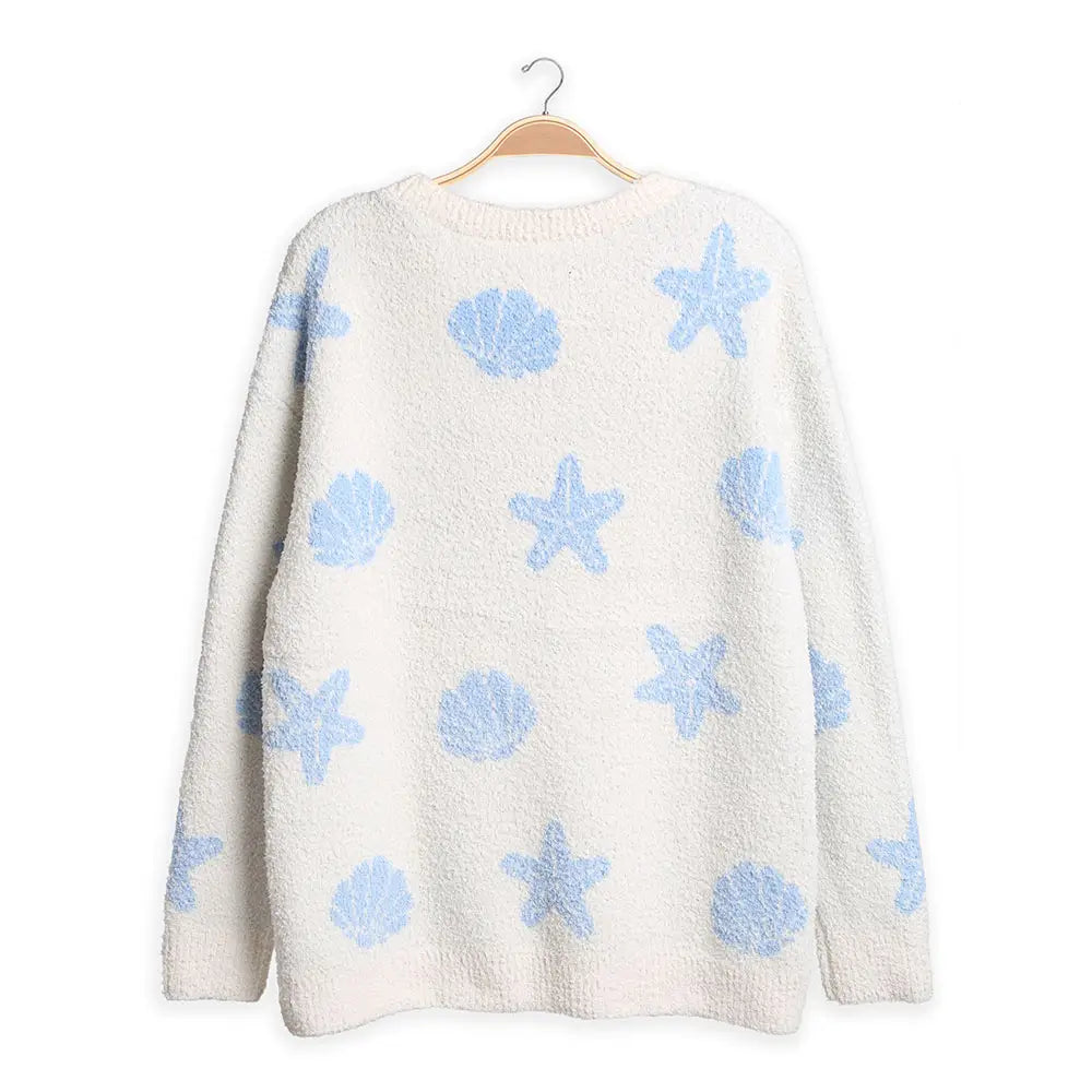 Seashell Starfish Pattern Crew Neck Sweater