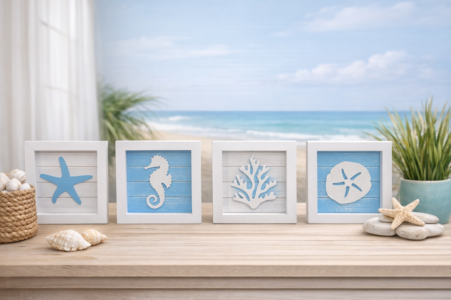 Beachly - The Coastal Collection Set of 4 Framed 3D Coastal Wall Art Pieces