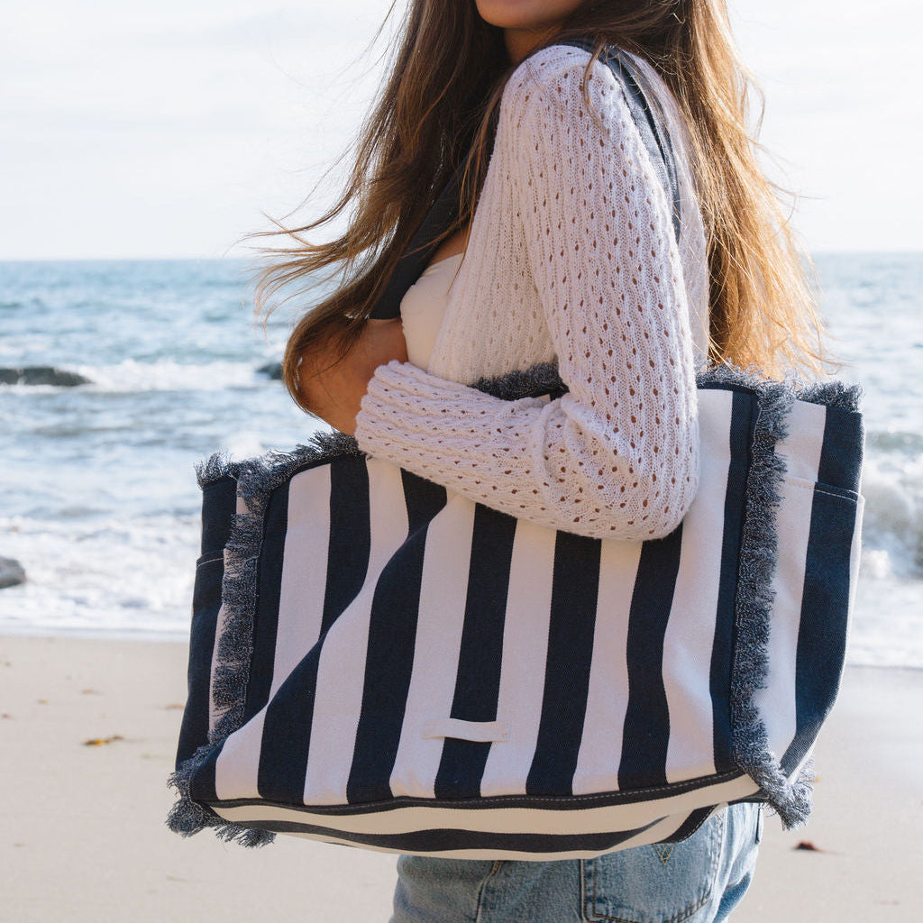 Caribbean Joe - The Frayed Striped Canvas Tote - Navy Combo