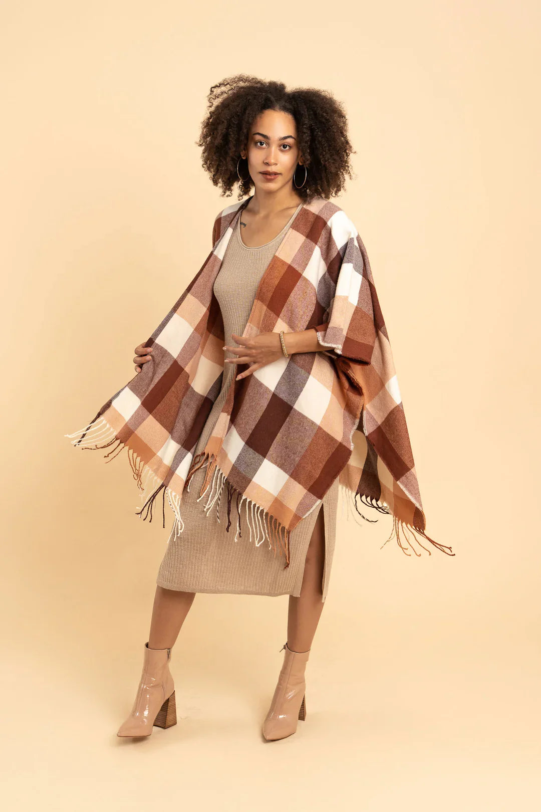 Gyal Bashy - Recycled Plaid Ruana with Fringe - Neutral