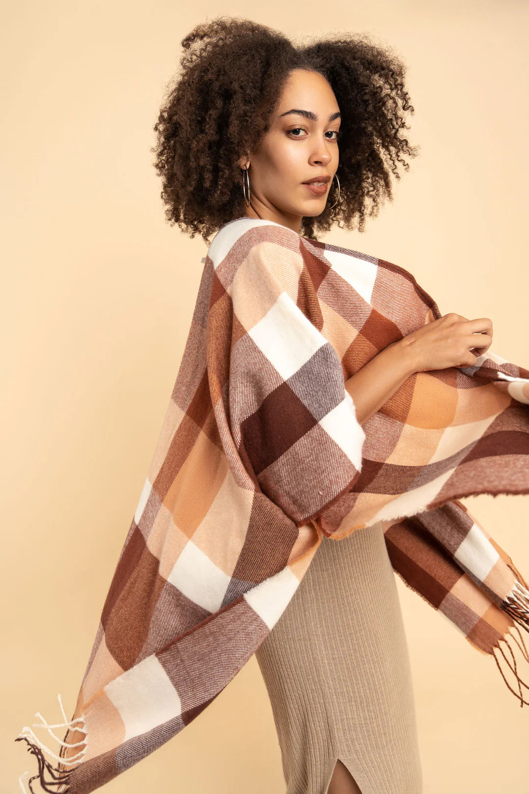 Gyal Bashy - Recycled Plaid Ruana with Fringe - Neutral (Add-On)