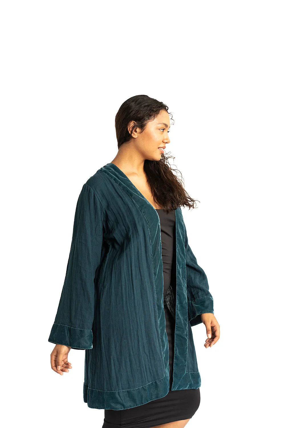 Gyal Bashy - Organic Cotton Kimono with Velvet Trim- Teal