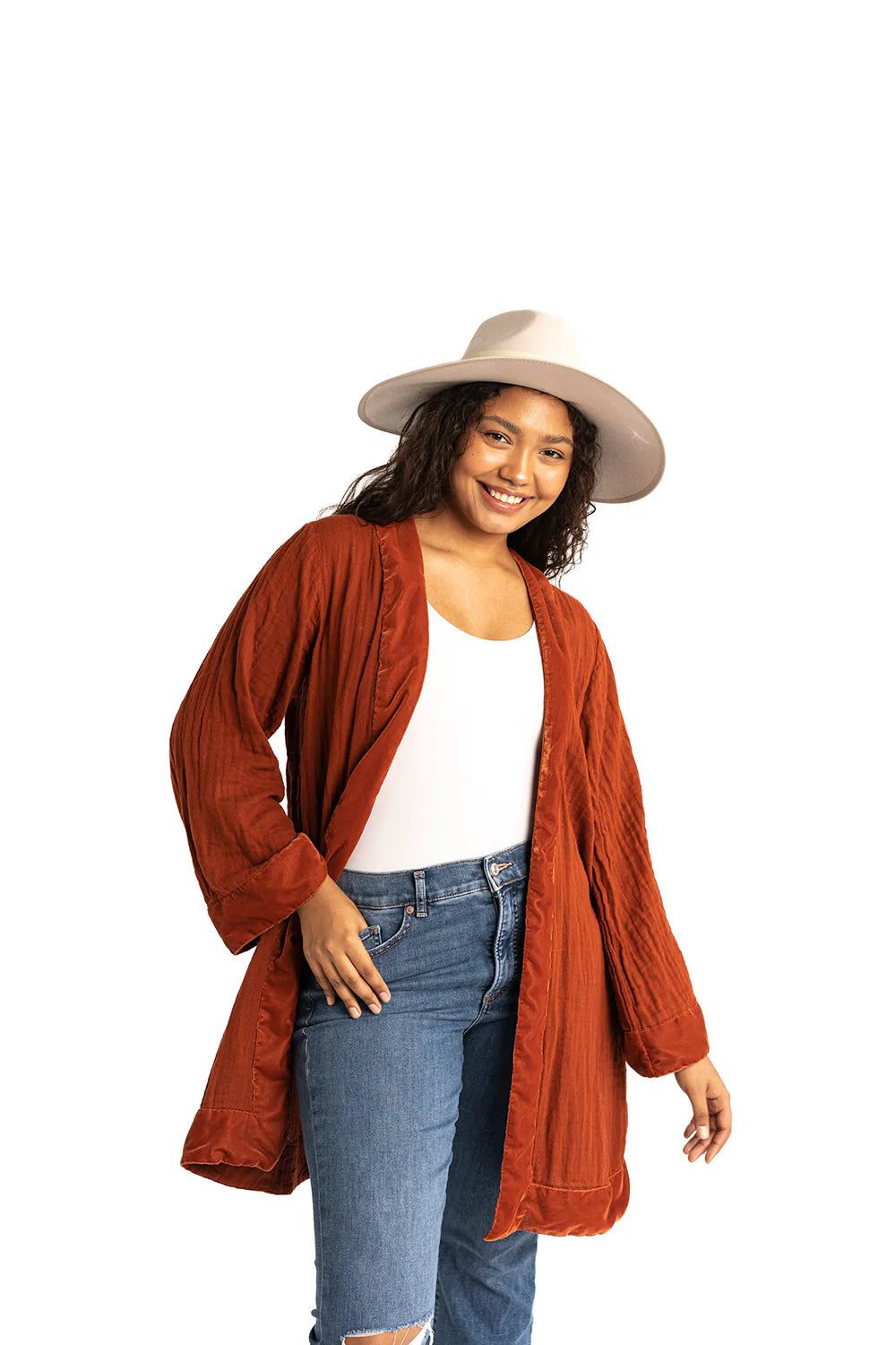 Gyal Bashy - Organic Cotton Kimono with Velvet Trim- Rust (Add-On)