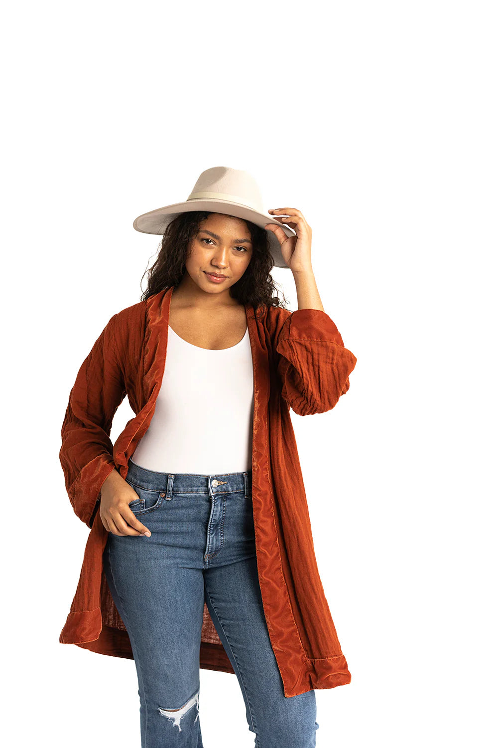 Gyal Bashy - Organic Cotton Kimono with Velvet Trim- Rust (Add-On)
