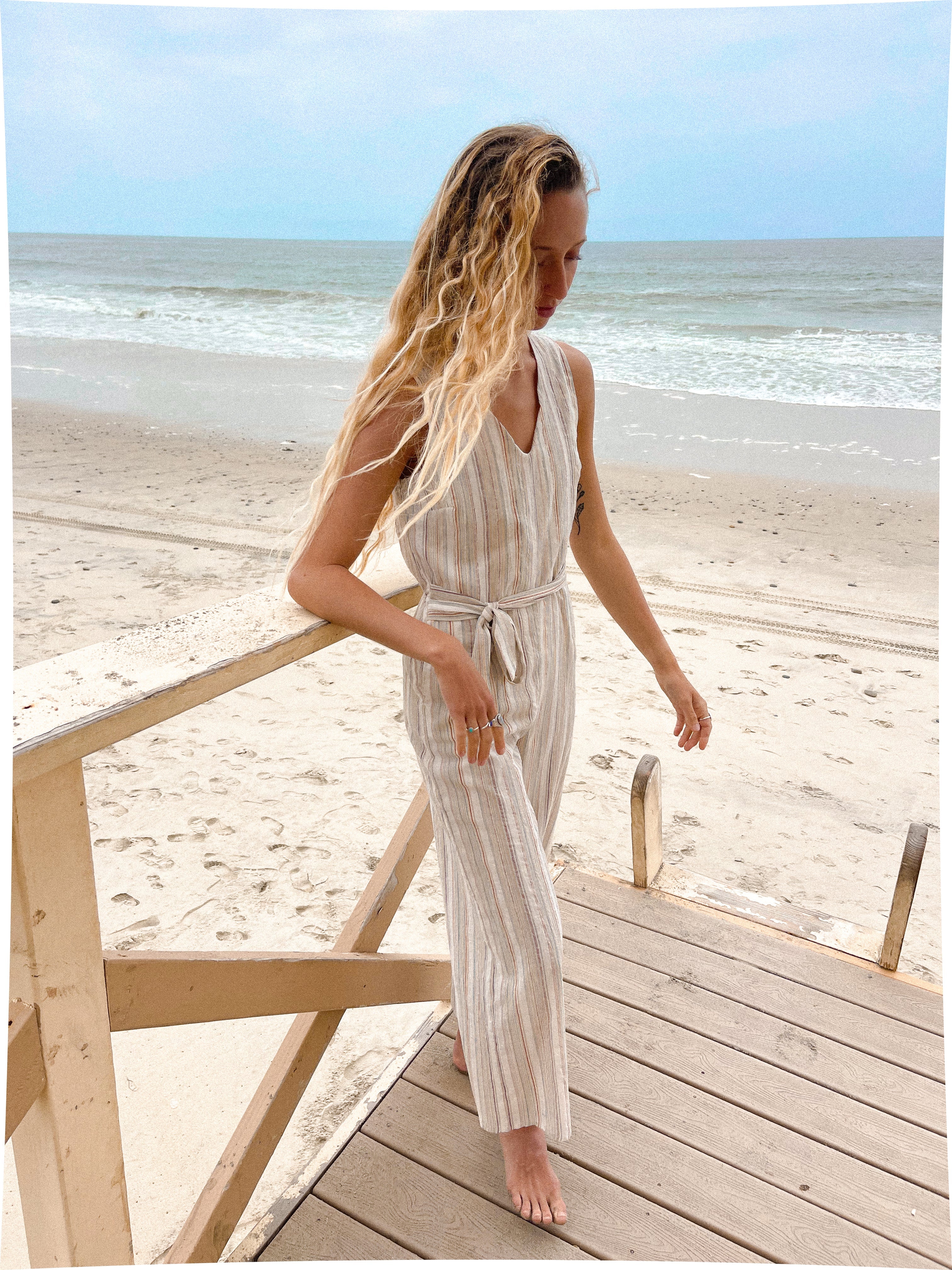 Beachly - Palms and Stripes Jumpsuit - Dune (Add-On)
