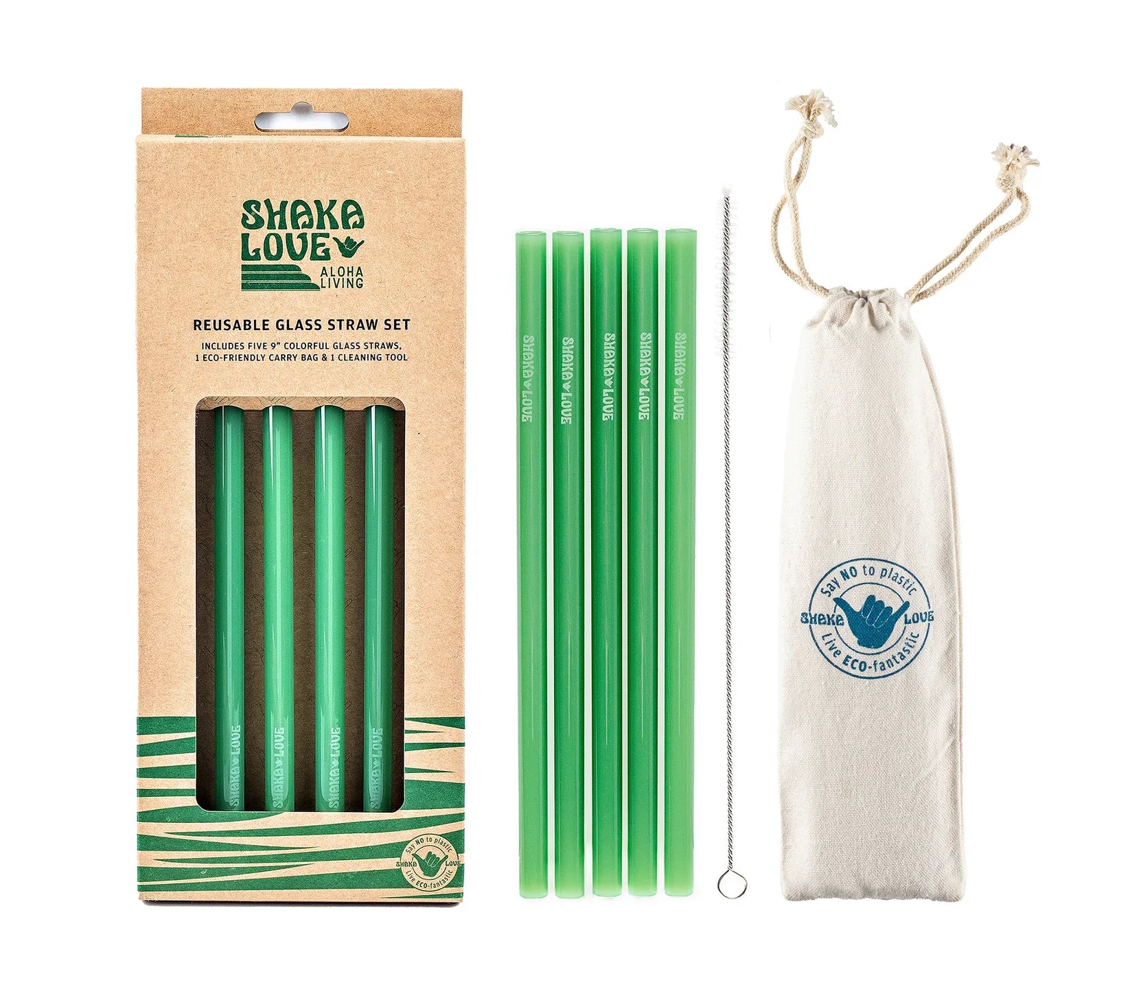 Shaka Love - Glass Straw Set -Save the Sea Turtles Green - 6 inch