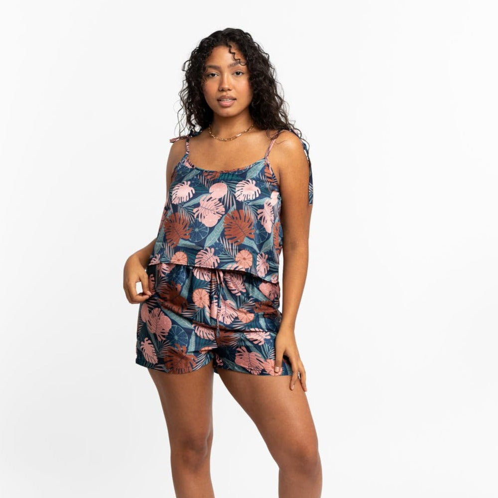 Gyal Bashy - Recycled Polyester Lucia Silky Printed Lounge Shorts - NavyPalms